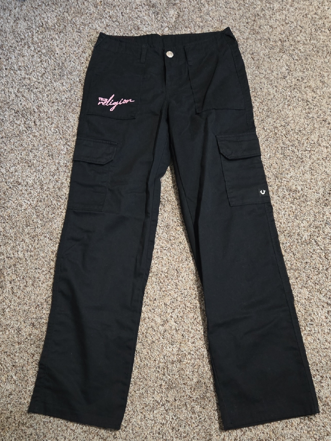 True Religion Black Cargo Pants With Pink Script Logo